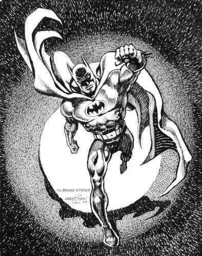 A Batman piece drawn by Ernie Chan and gifted to Bryan Stroud .