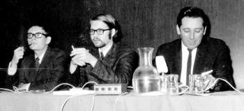 Denny O'Neil, Steve Skeates, & Dick Giordano at a convention in the '60s.