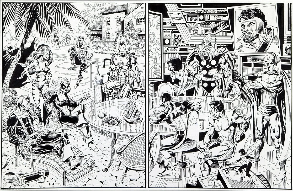 Avengers West & Avengers East, a poster penciled by Bob Hall & inked by Al Milgrom.