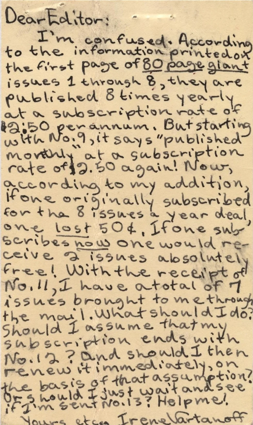 One of the earliest letters written by Irene Vartanoff to DC Comics (from 1965)….