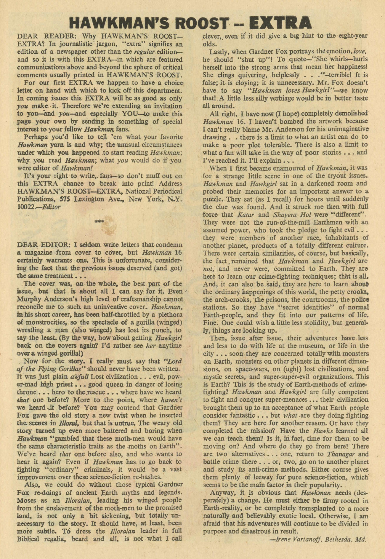 The full page letter written by Irene that appears in Hawkman #18 . You can read the transcription below.