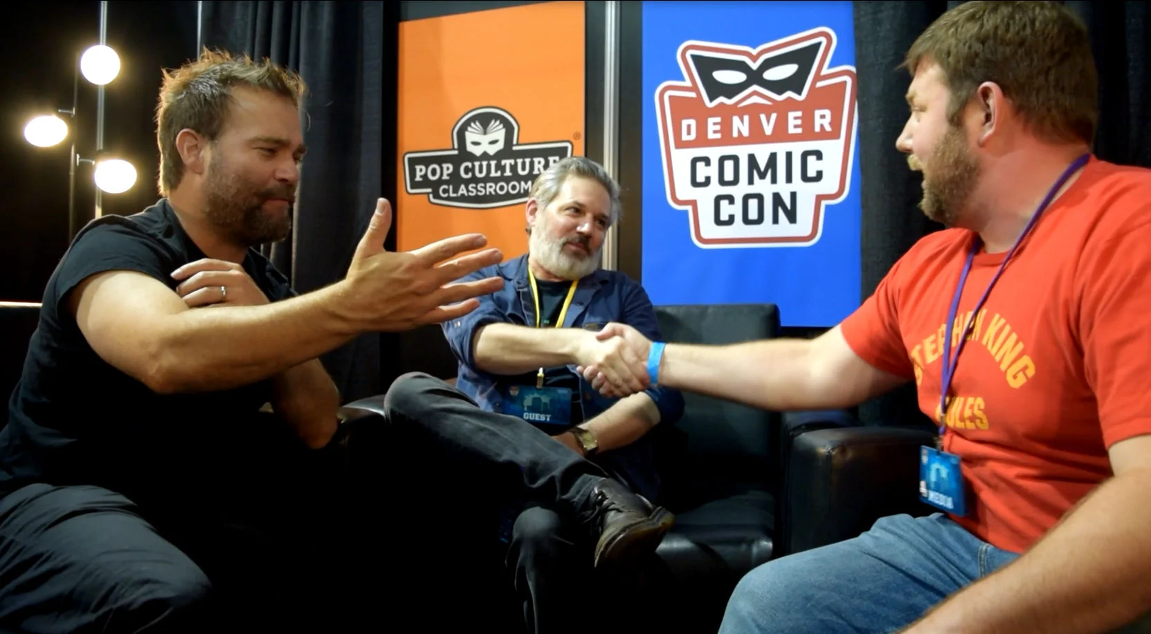 Andre Gower & Ryan Lambert congratulate Abrahm Akin on an interview well done! Denver Comic Con 2018.
