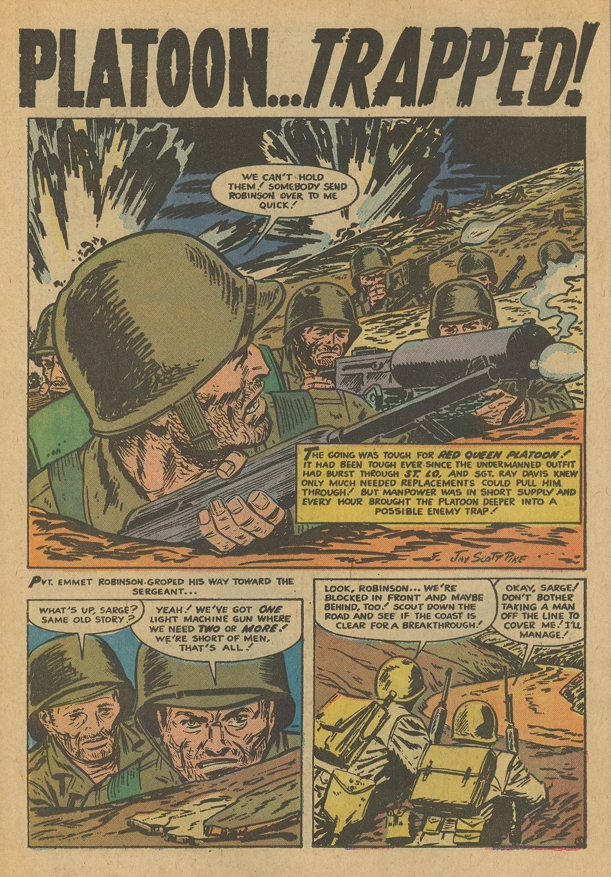 Battleground (1954) #18, interior story “Platoon Trapped” - penciled & inked by Jay Scott Pike.