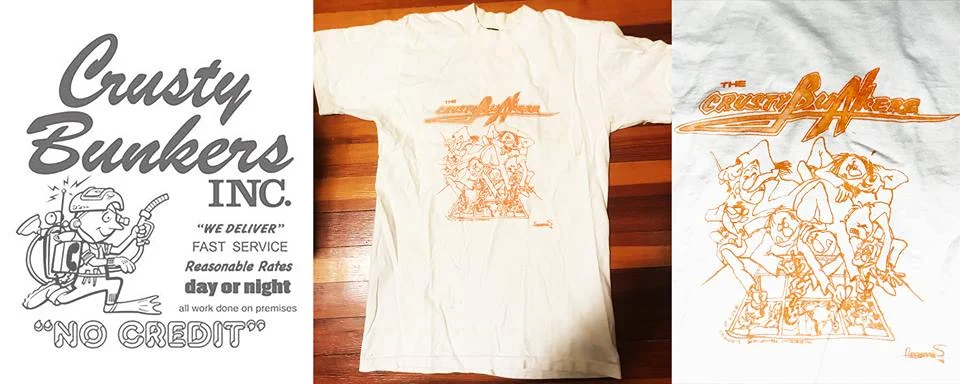 The Crusty Bunkers t-shirts: Larry Hama ’s design on the left, Sergio Aragones on the right
