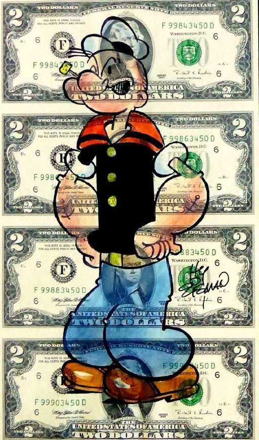 Popeye, drawn by Hy Eisman on an uncut sheet of $2 bills.