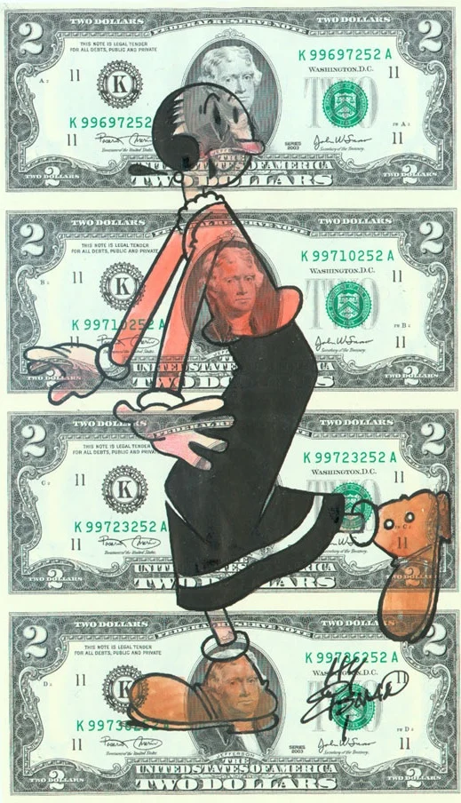 Olive Oyl, drawn by Hy Eisman on an uncut sheet of $2 bills.