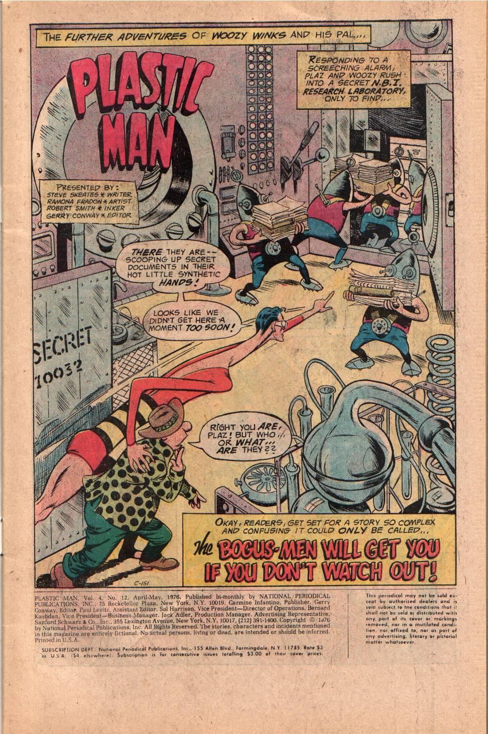 Plastic Man (1966) #12 pg1, penciled by Ramona Fradon & inked by Bob Smith.