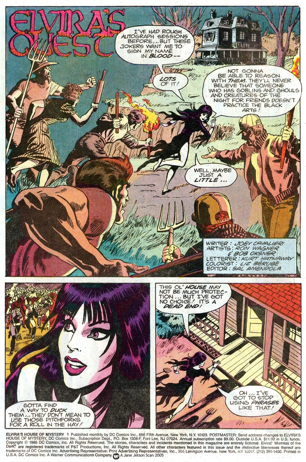 Elvira's House of Mystery (1985) #1 pg1, penciled by Ron Wagner, inked by Bob Oksner, & colored by Liz Berube.