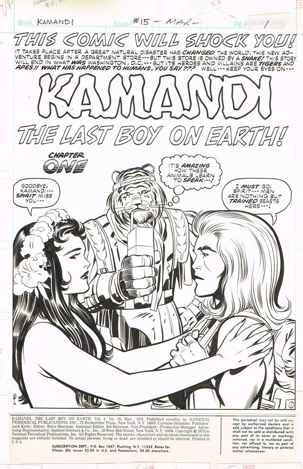 Kamandi (1972) #15 Pg1, penciled by Jack Kirby & inked by Mike Royer.