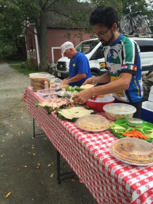 Leaders Pete and Cedric served quiches, potato salad, spicy salsa, veggies, melon and much more... yum!