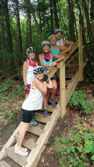 The 5 girls opted for the long ride today. It was glorious. The Appalachian Trail crossed out route road, so we lined up for our photo op, Yes, we included the AT in our itinerary today! 