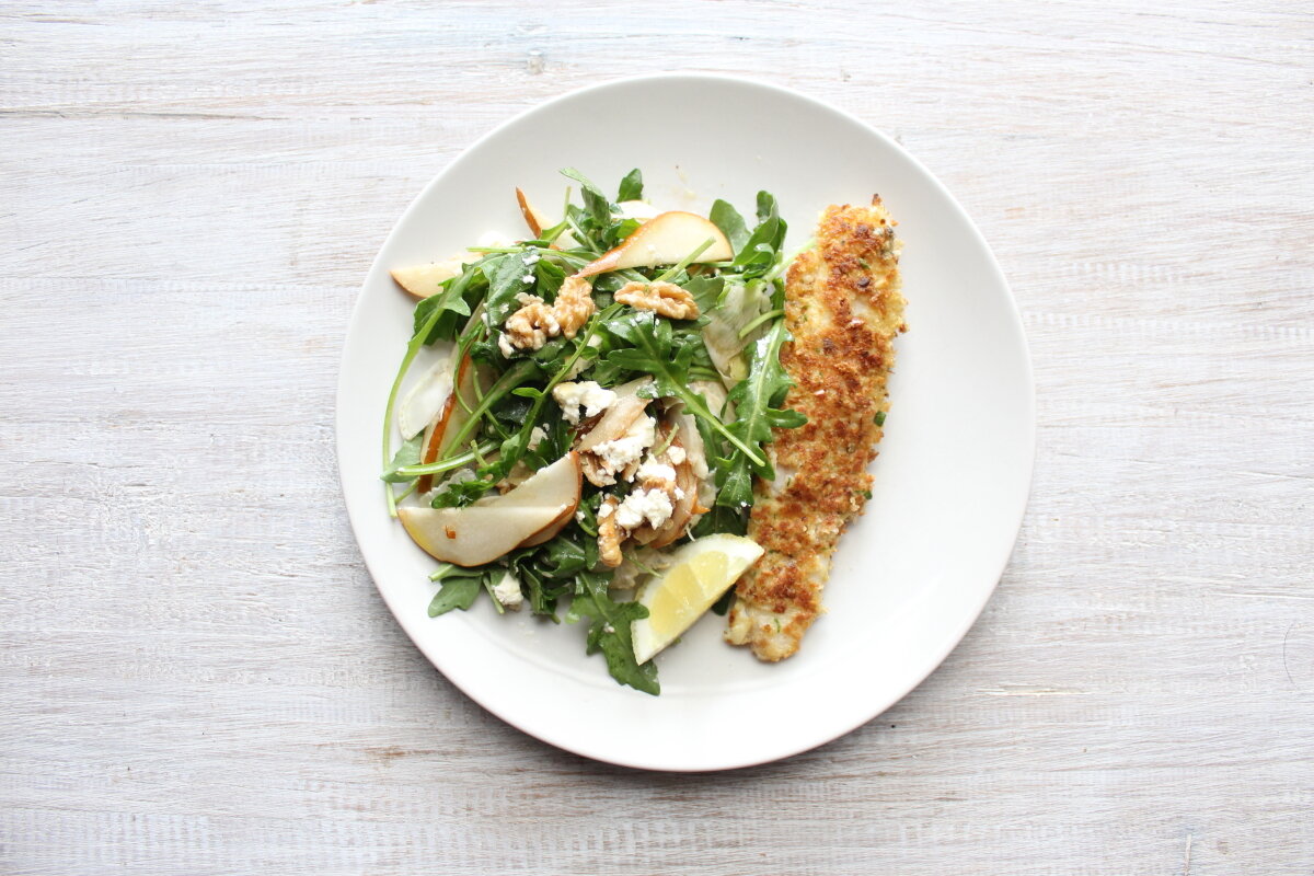 Crumbed Fish With Rocket & Pear Salad — Body Good Food