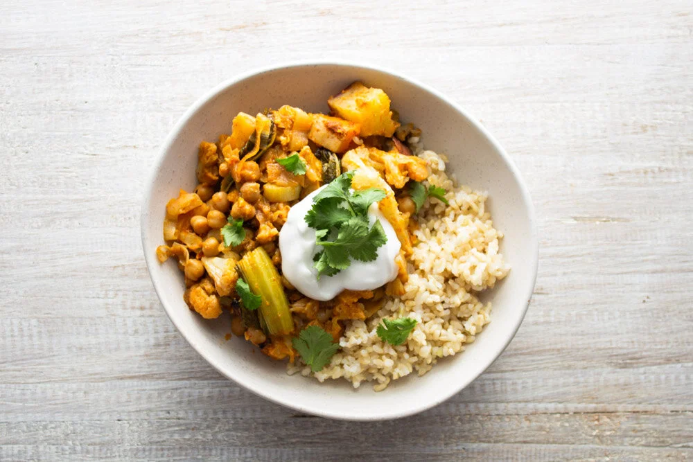 One Tray Red Curry Chickpea Bake