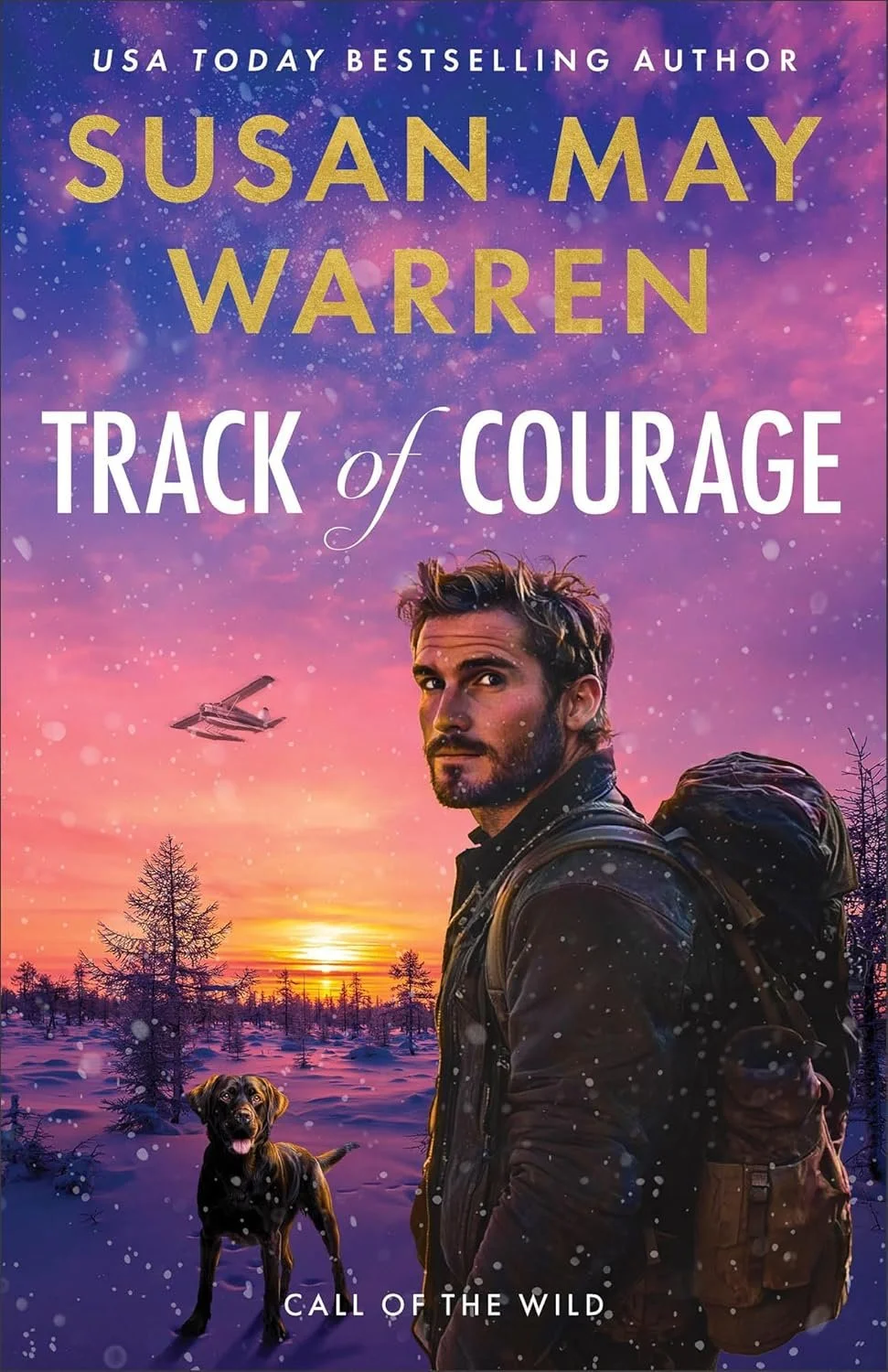 Track of Courage: A Clean Romantic Suspense K-9 Thriller Action Adventure in Alaska (Call of the Wild) Man, Dog Airplane Snow in Purple and Orange Hues
