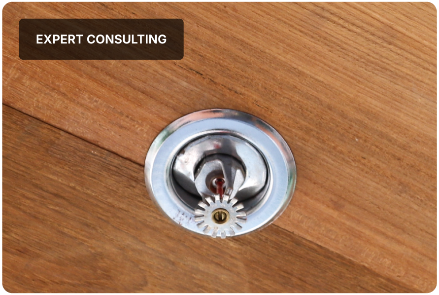 Close-up of a fire sprinkler head on a ceiling with a black label reading 'Expert Consulting' in the top left corner.