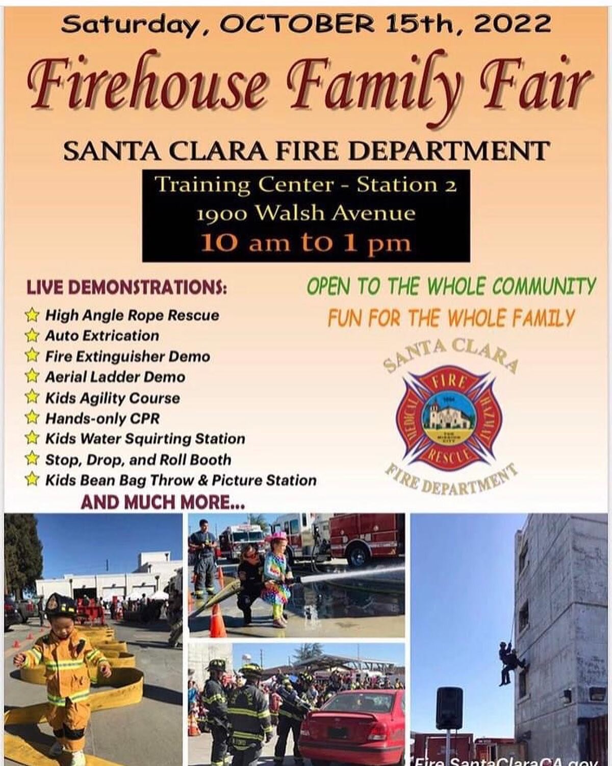 Come by the # Firehouse Family Fair tomorrow from 10am-2pm and learn about fire safety. All ages are welcome and the event is open to the community located at Santa Clara Fire Station 2! We will have a booth for The Firehouse Run registrations.