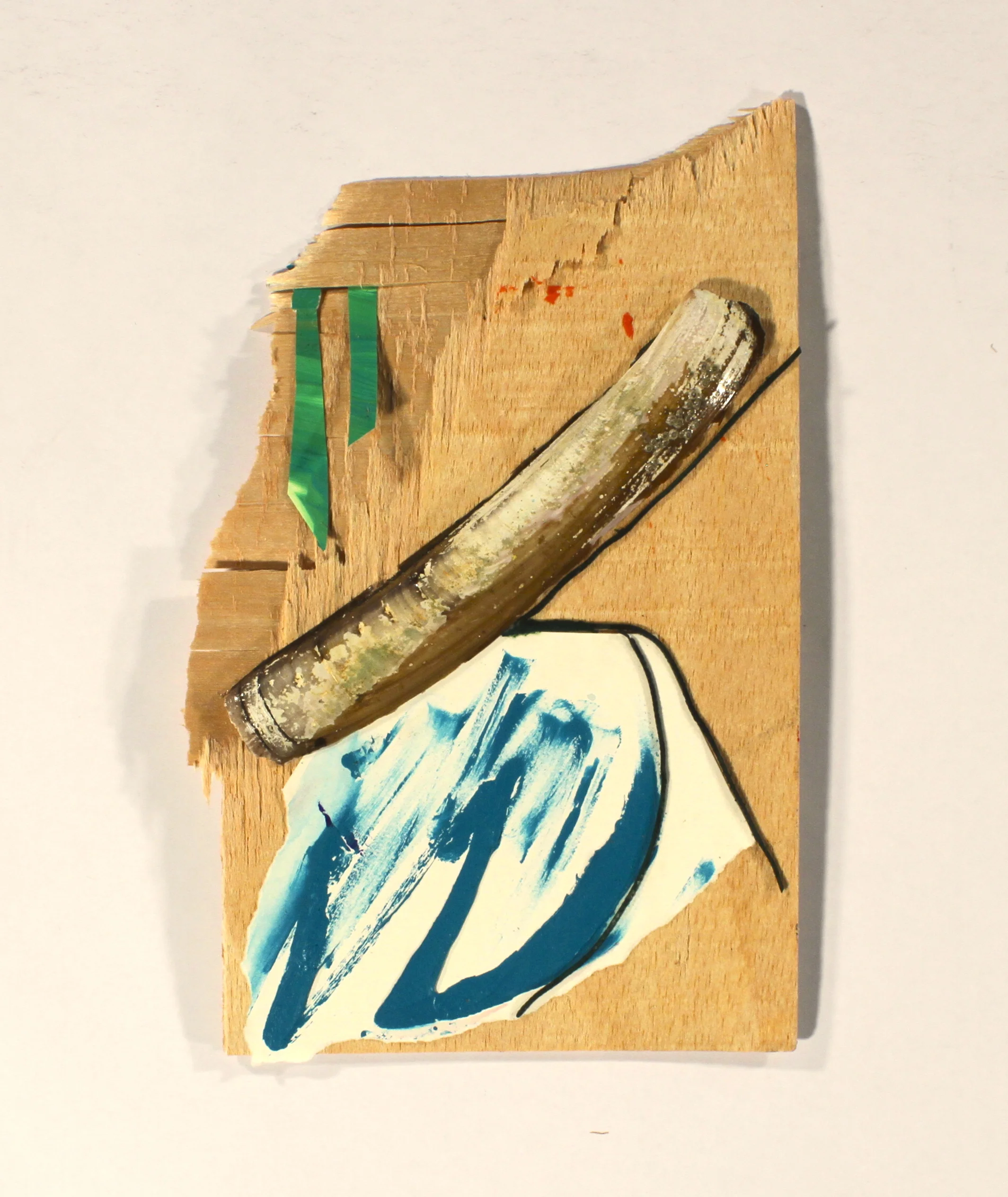  Started By Juan  2014, wood, paper, shell, acrylic, twine, 10in x 7in 