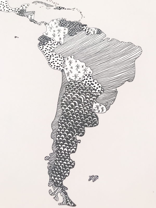 South America detail of the patterned World map - option D. (no extra outline)