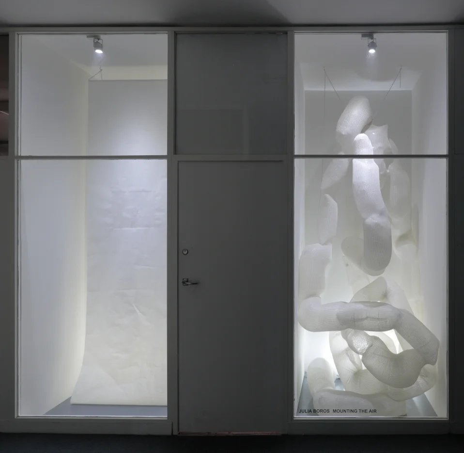  L-R  Window 1: Screenprint on paper 2018 (after  Finding My Voice , 2016)  Window 2: Knitted wool and lurex with air cushion packaging bags 2018 