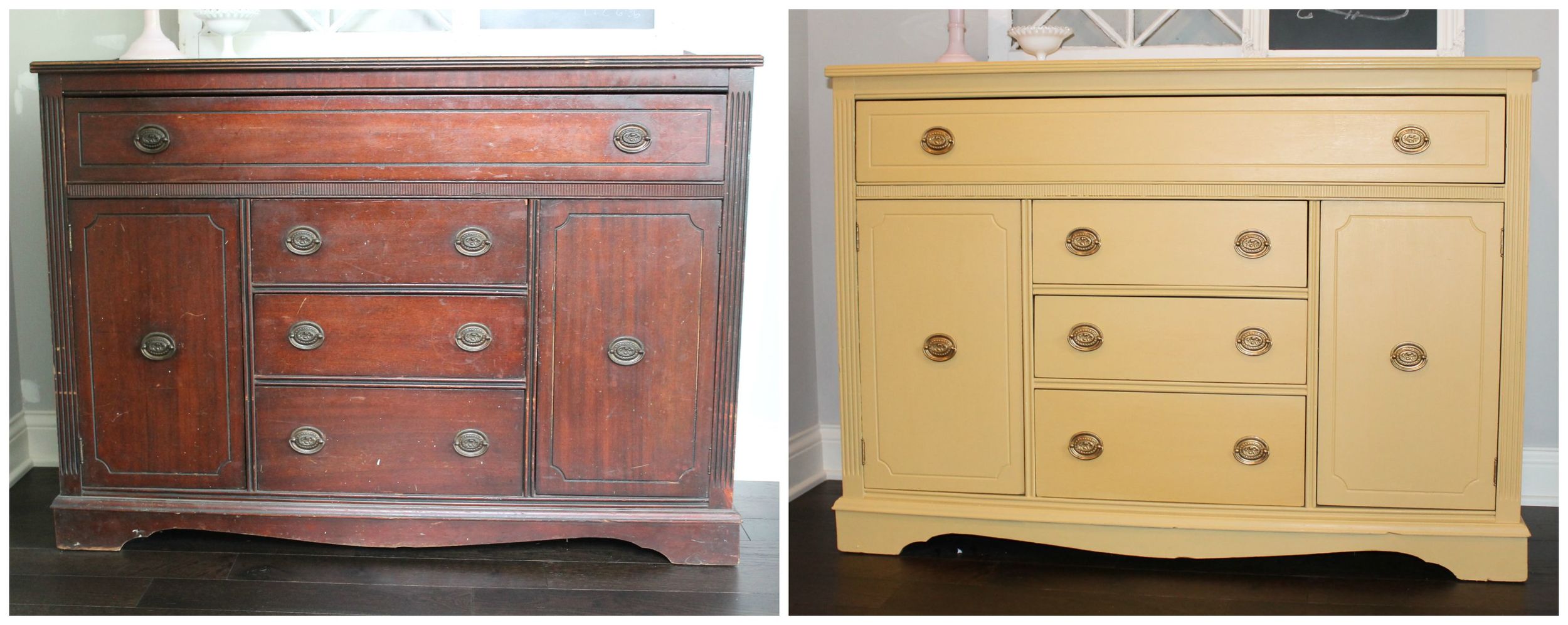 Yellow Milk Paint Sideboard Before and After