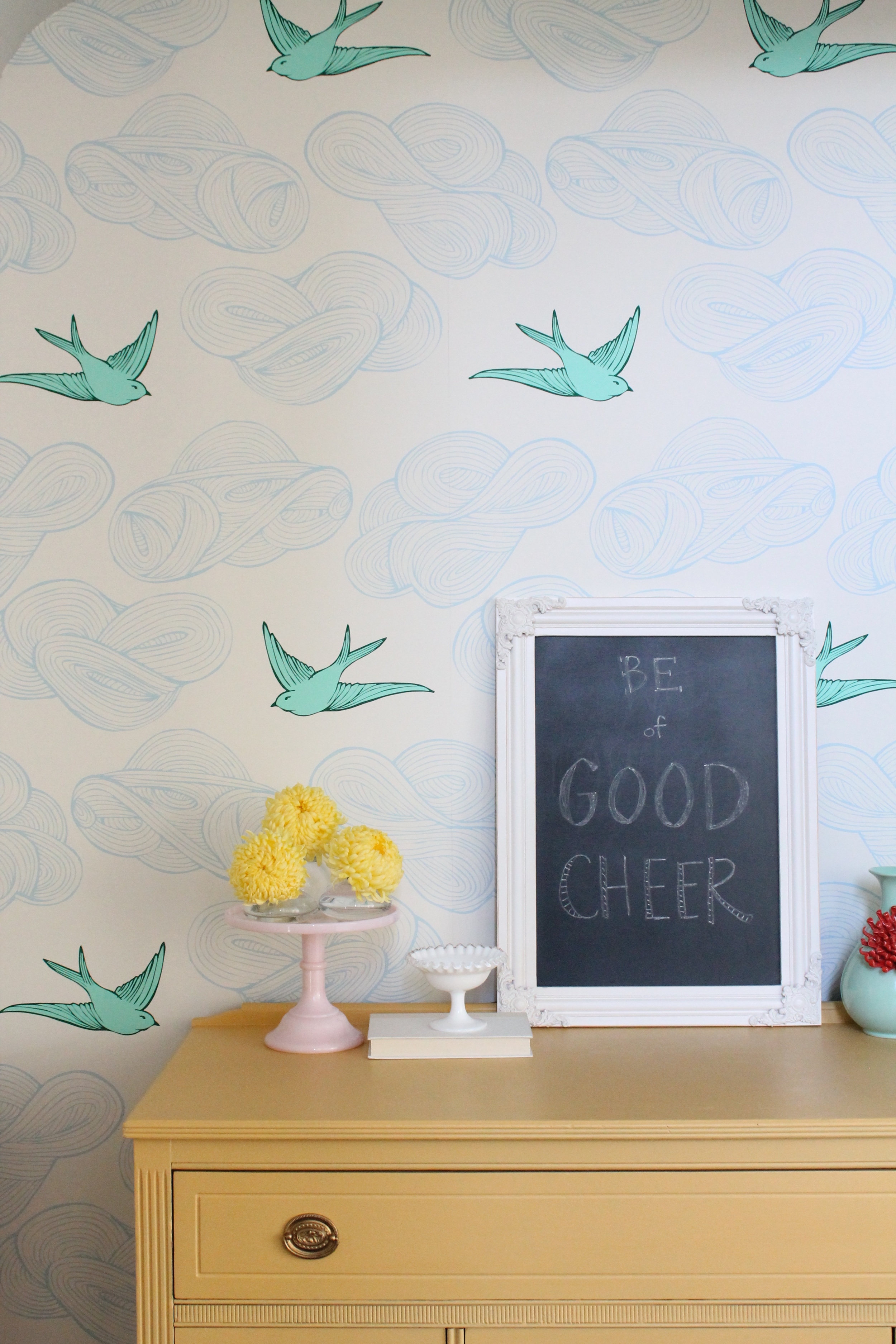 Hygge and West Wallpaper in this cheery little nook
