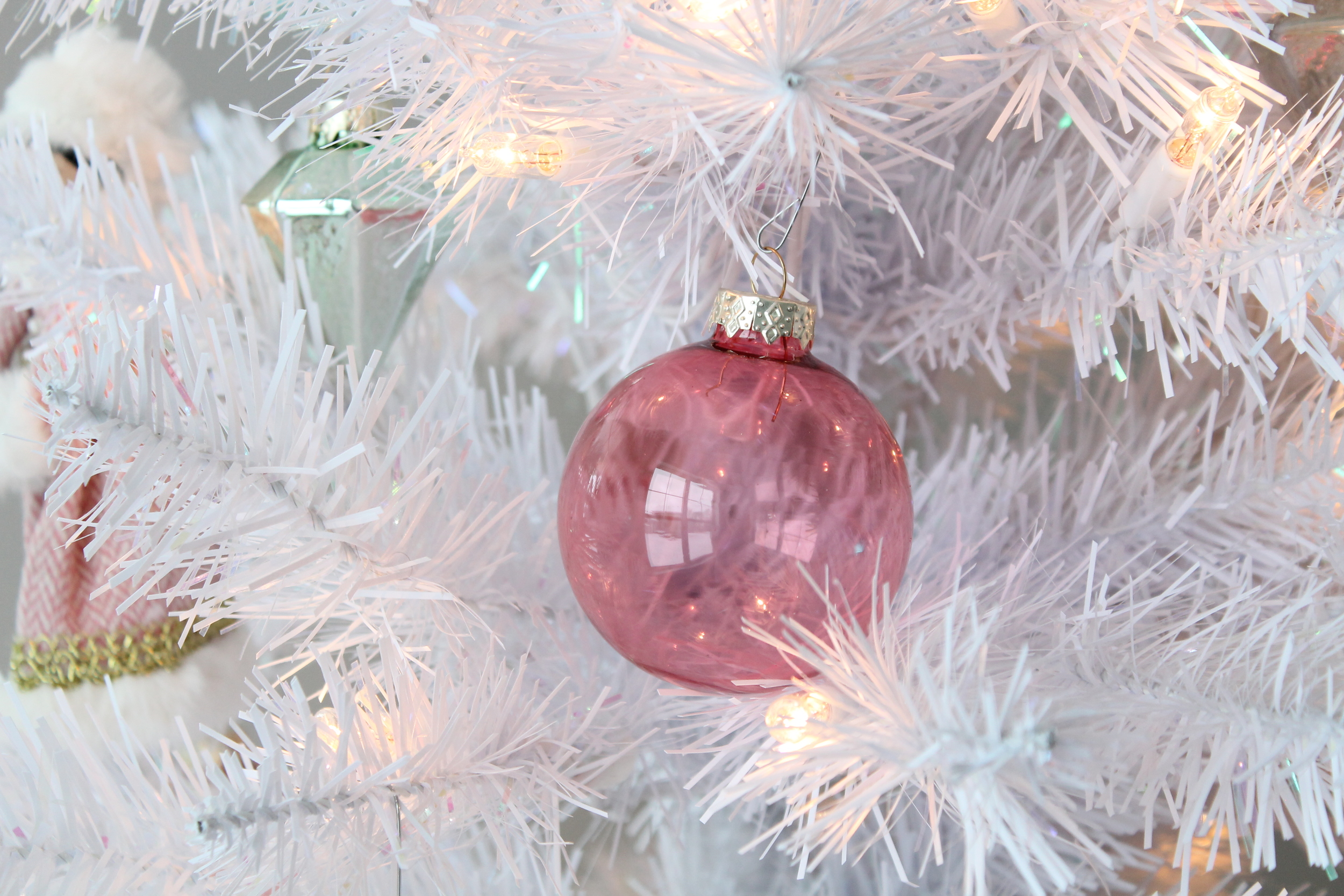 White Christmas Tree with Pink and Aqua Ornaments