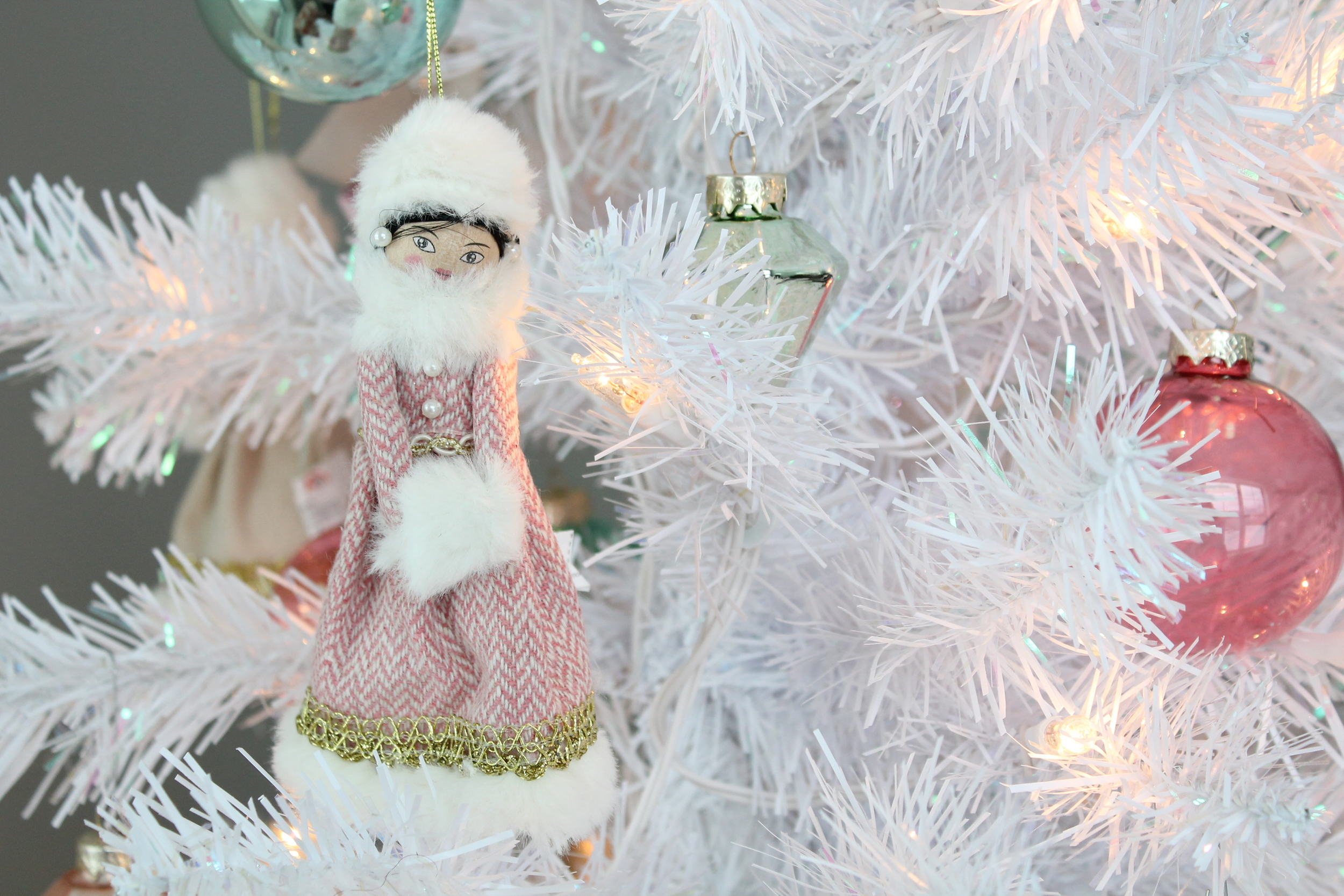 White Christmas Tree With Snow Girl