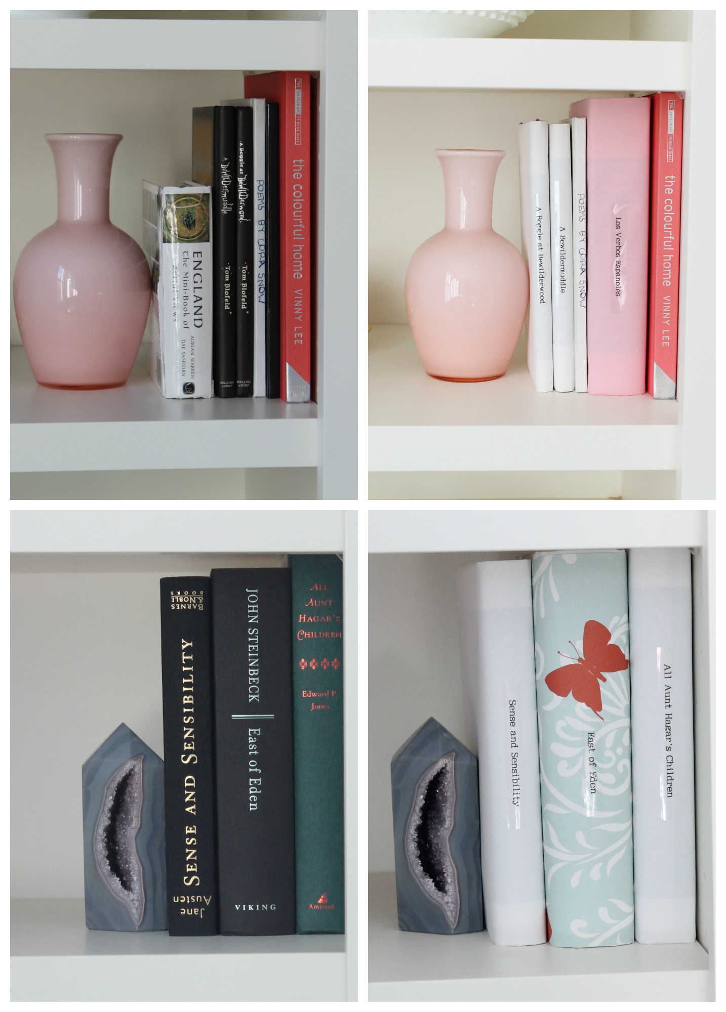 Built in bookshelf decorating ideas. Style a bookshelf with a cohesive color pallet by covering books with pretty paper. Add some glass objects and small frames to round out the design.