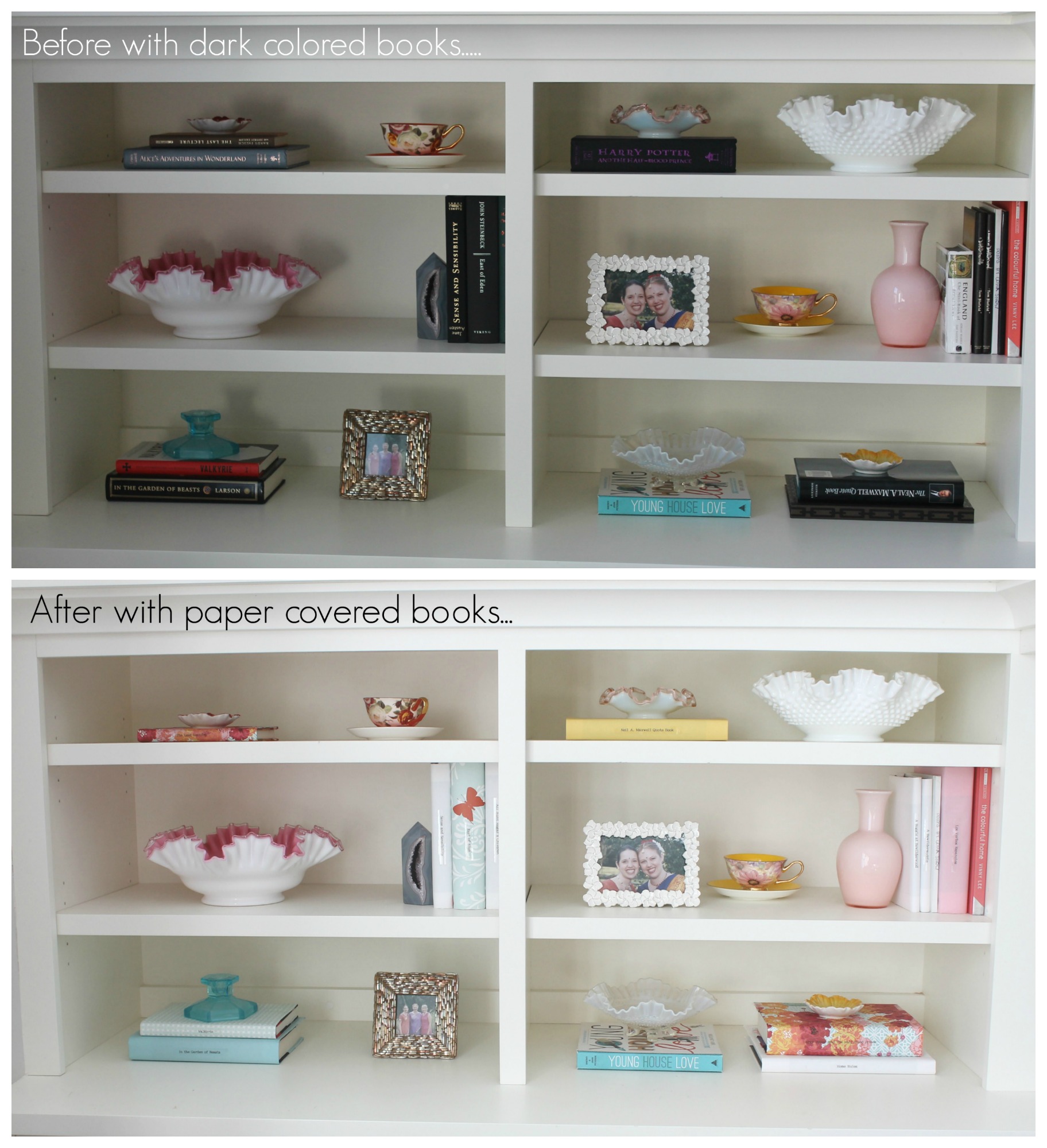 Built in bookshelf decorating ideas. Style a bookshelf with a cohesive color pallet by covering books with pretty paper. Add some glass objects and small frames to round out the design.