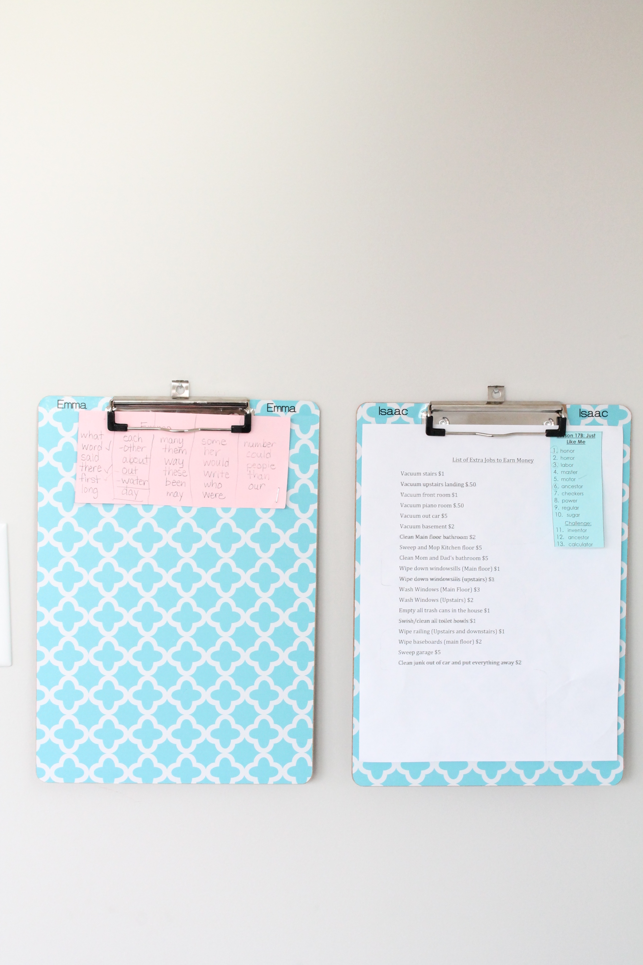 Homework clipboards in the kitchen. Keep spelling lists and other homework accessible and organized.