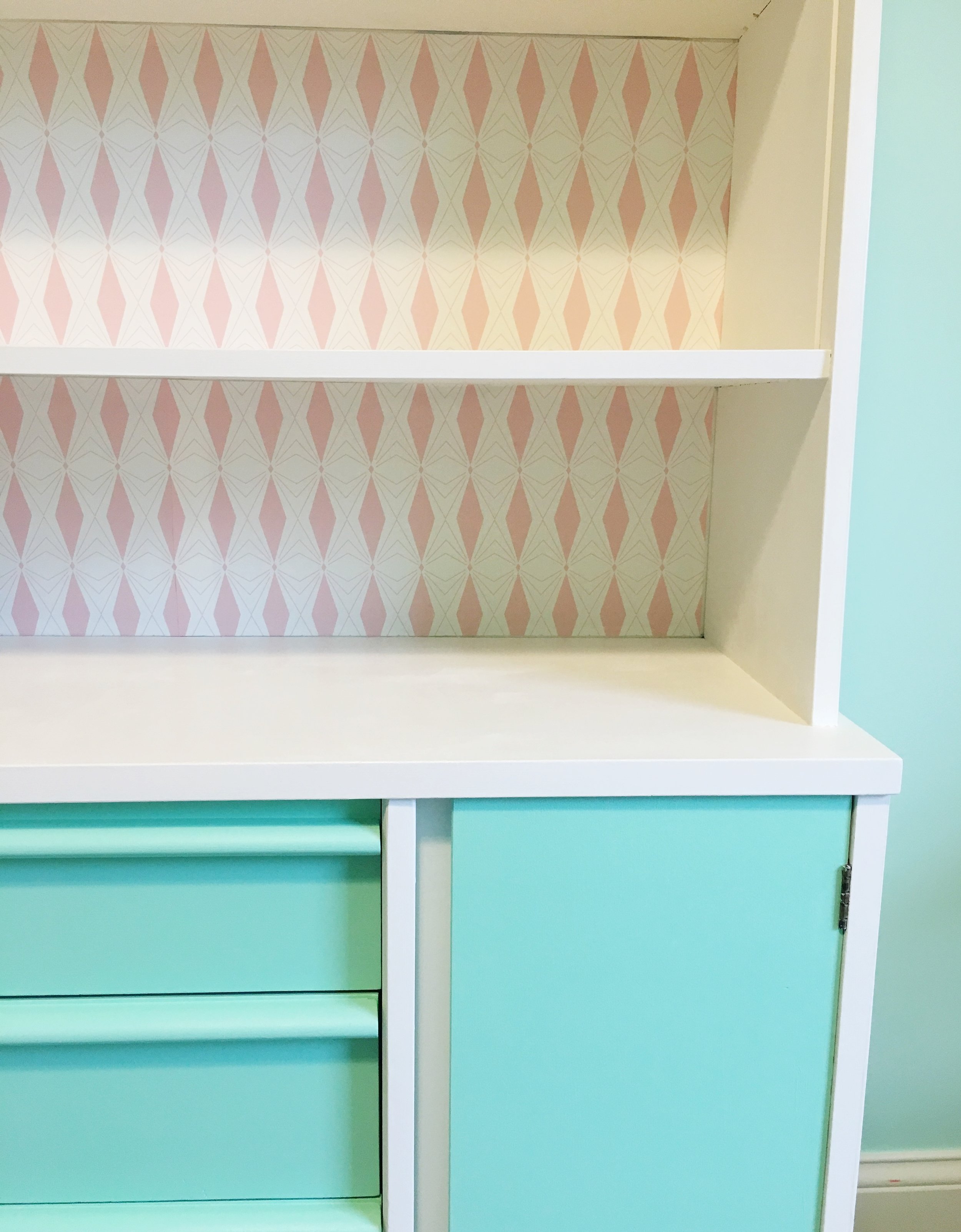 Retro painted mid century hutch in pink, mint and white.