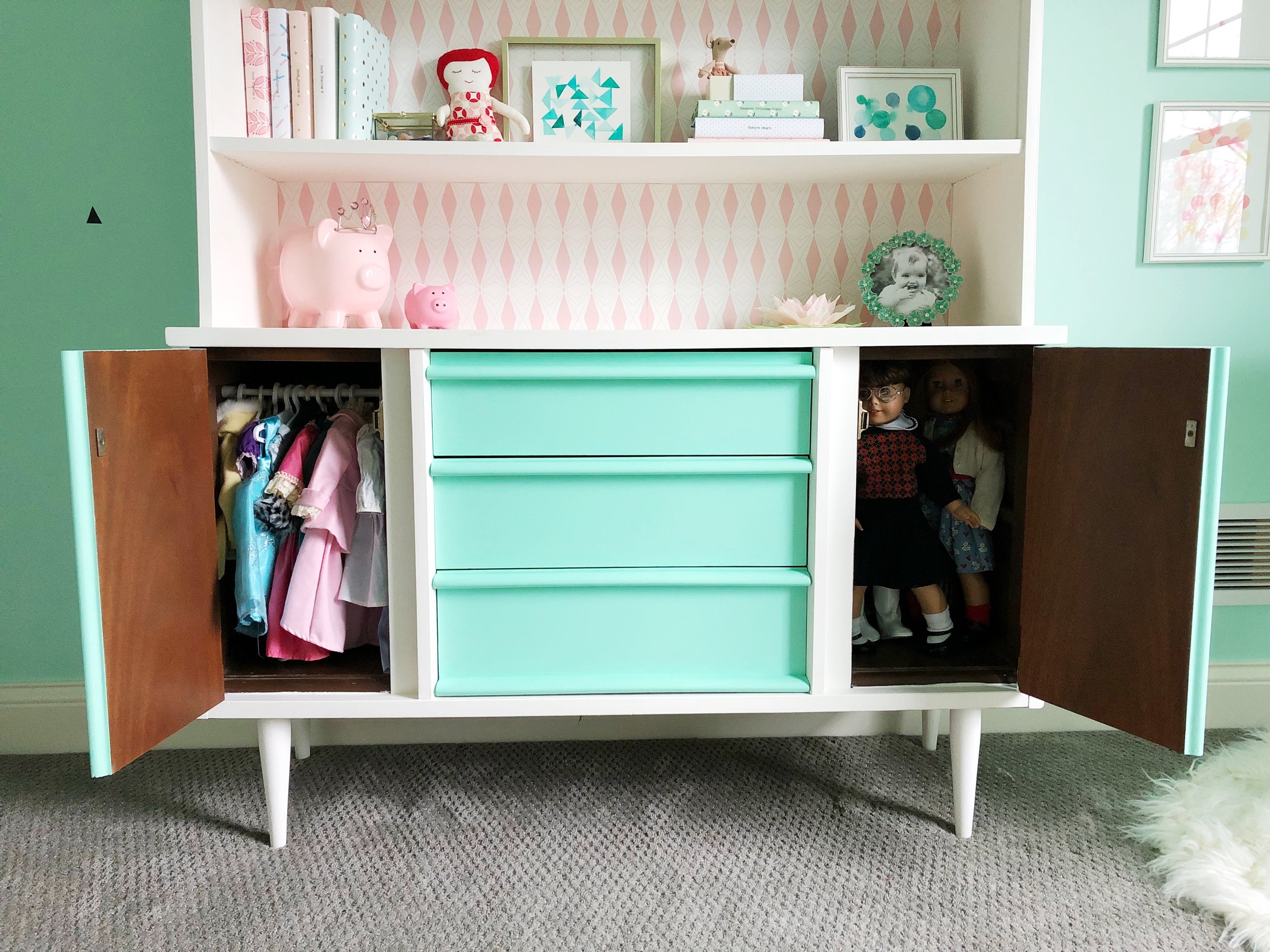 American Girl Doll Storage Solution in Mid Century Hutch.