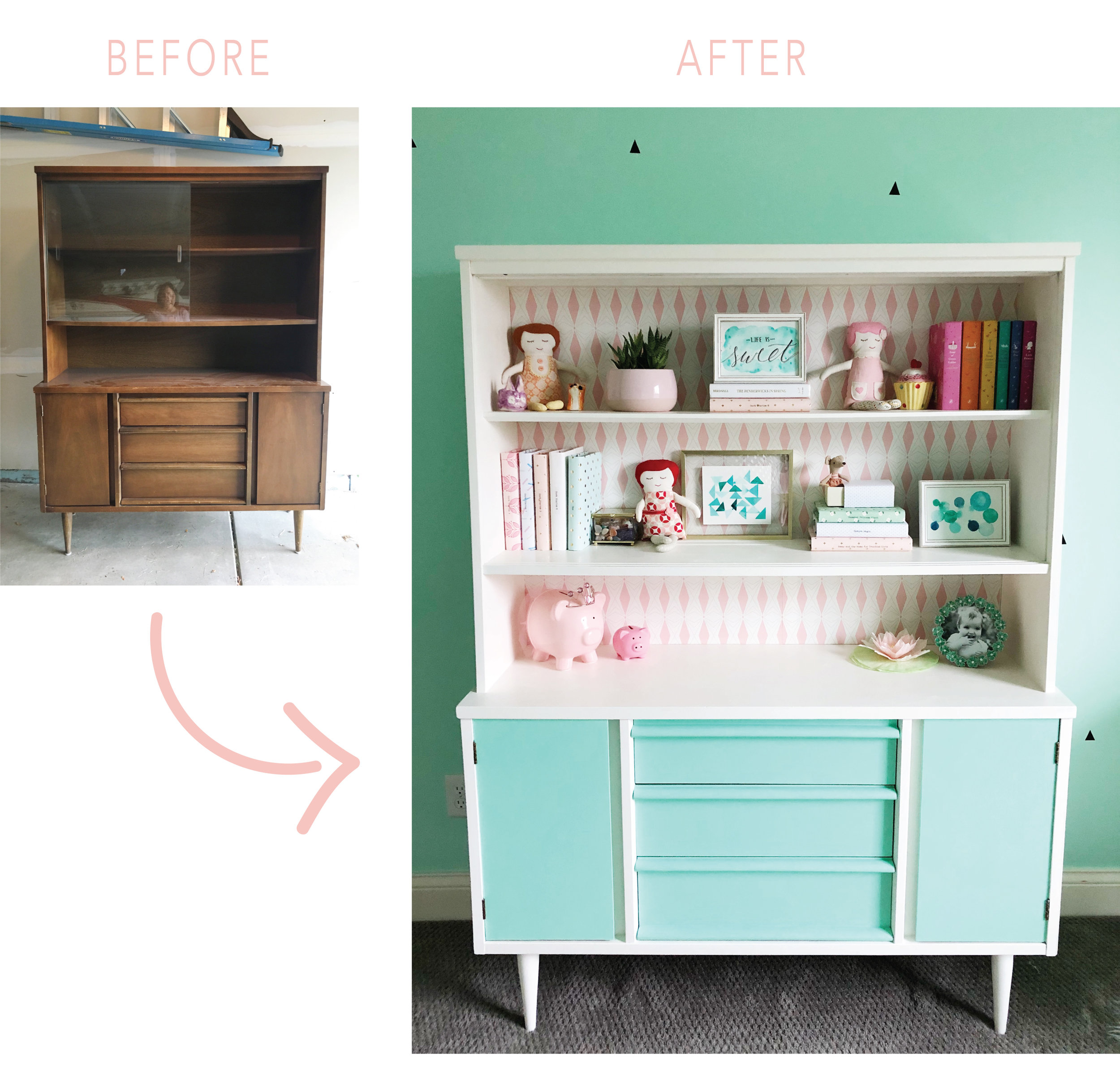 Mid Century Hutch Makeover. DIY painted hutch. Pink and Mint.