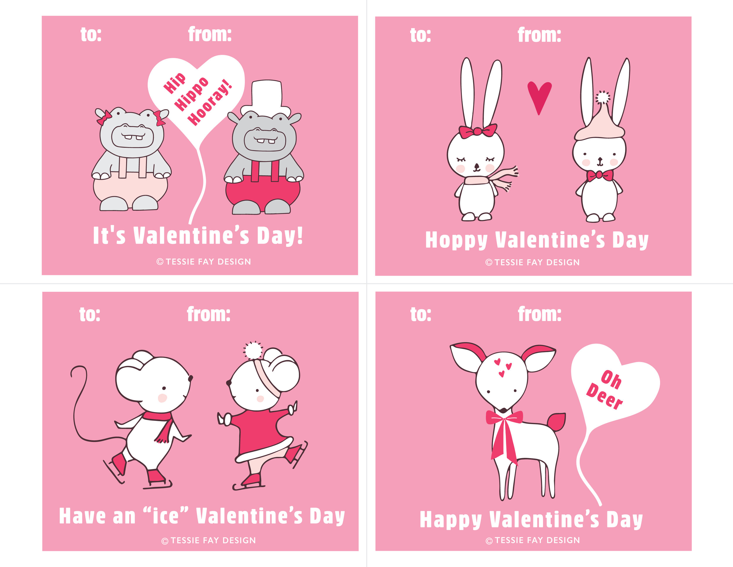 Free Printable Valentines. Hippo, bunny, mouse and deer.