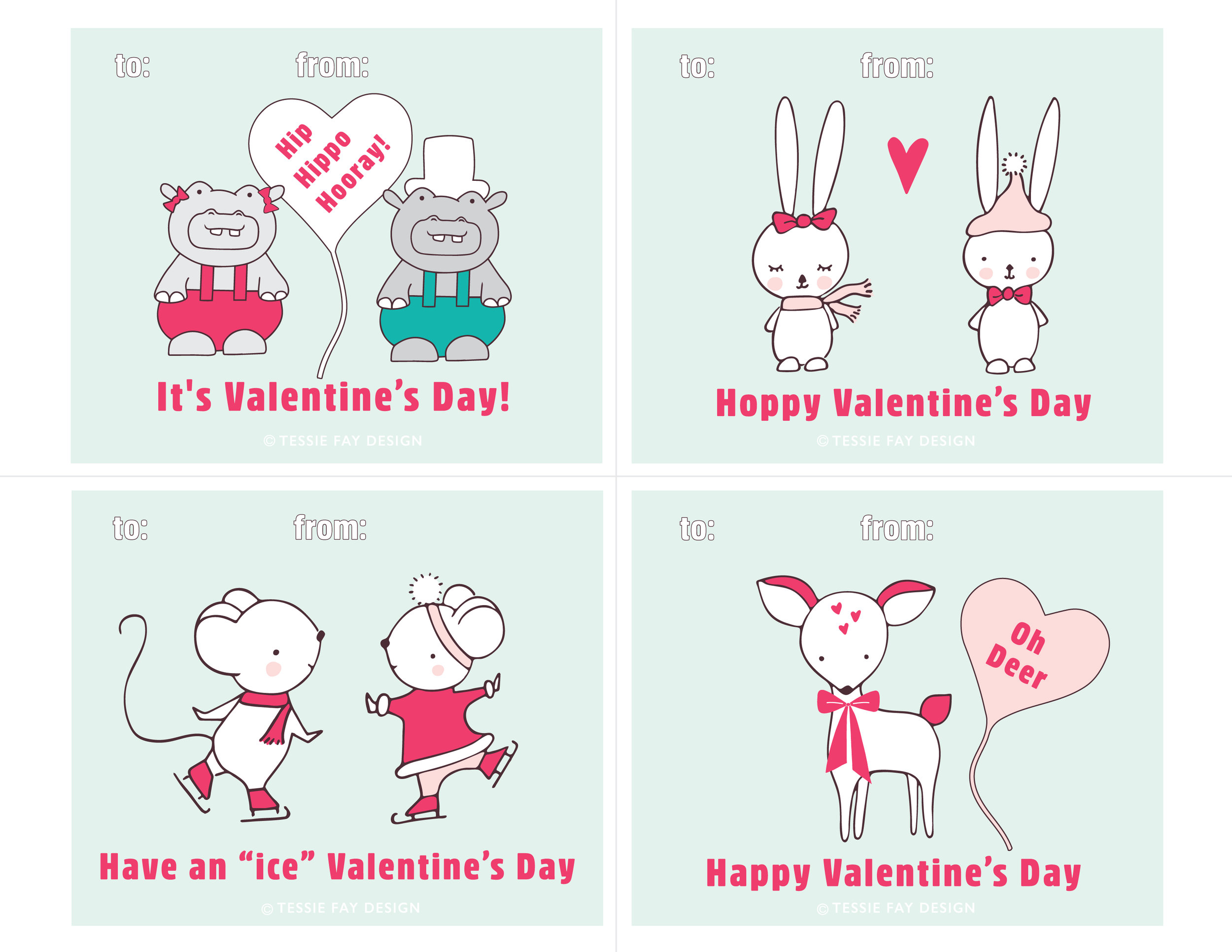 Free Printable Valentines. Hippo, mouse, bunny and deer. Animal Valentines.