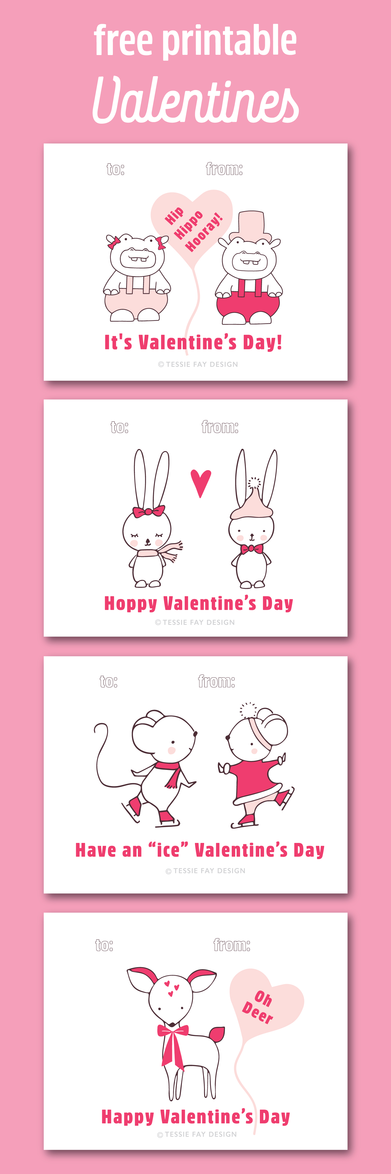 Free Printable Valentines! Animal valentines. Hippo, mice, bunny and dear.