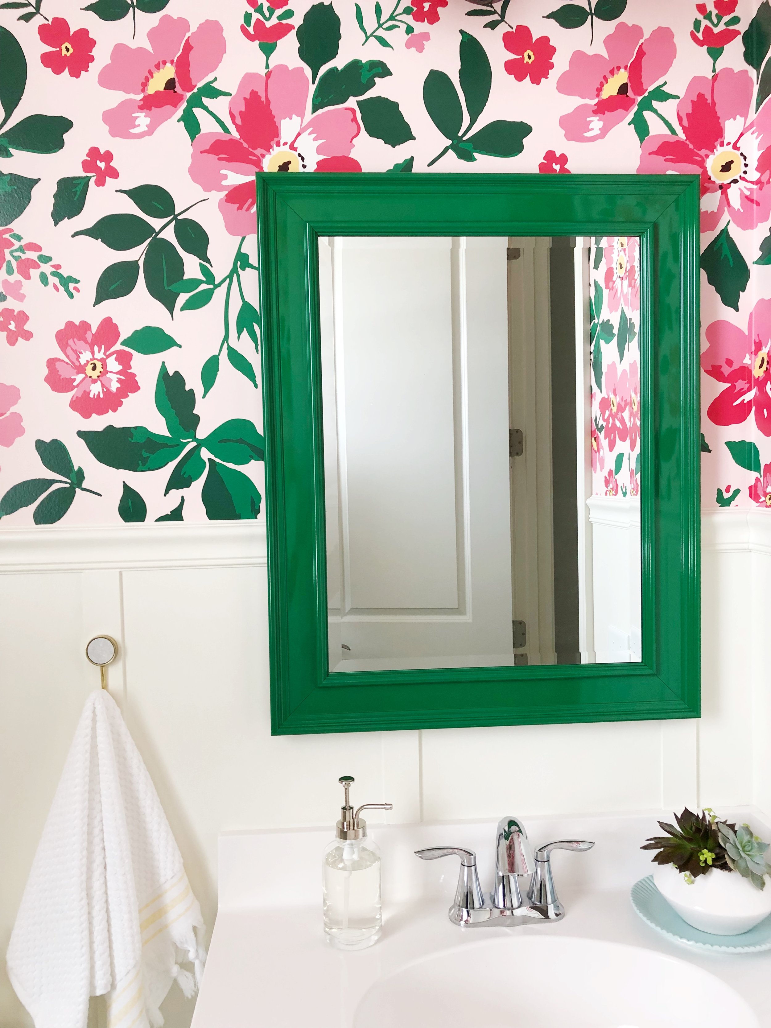 Wallpaper Bathroom with Spoonflower custom wallpaper. Board and Batten Powder Room. Green Mirror.