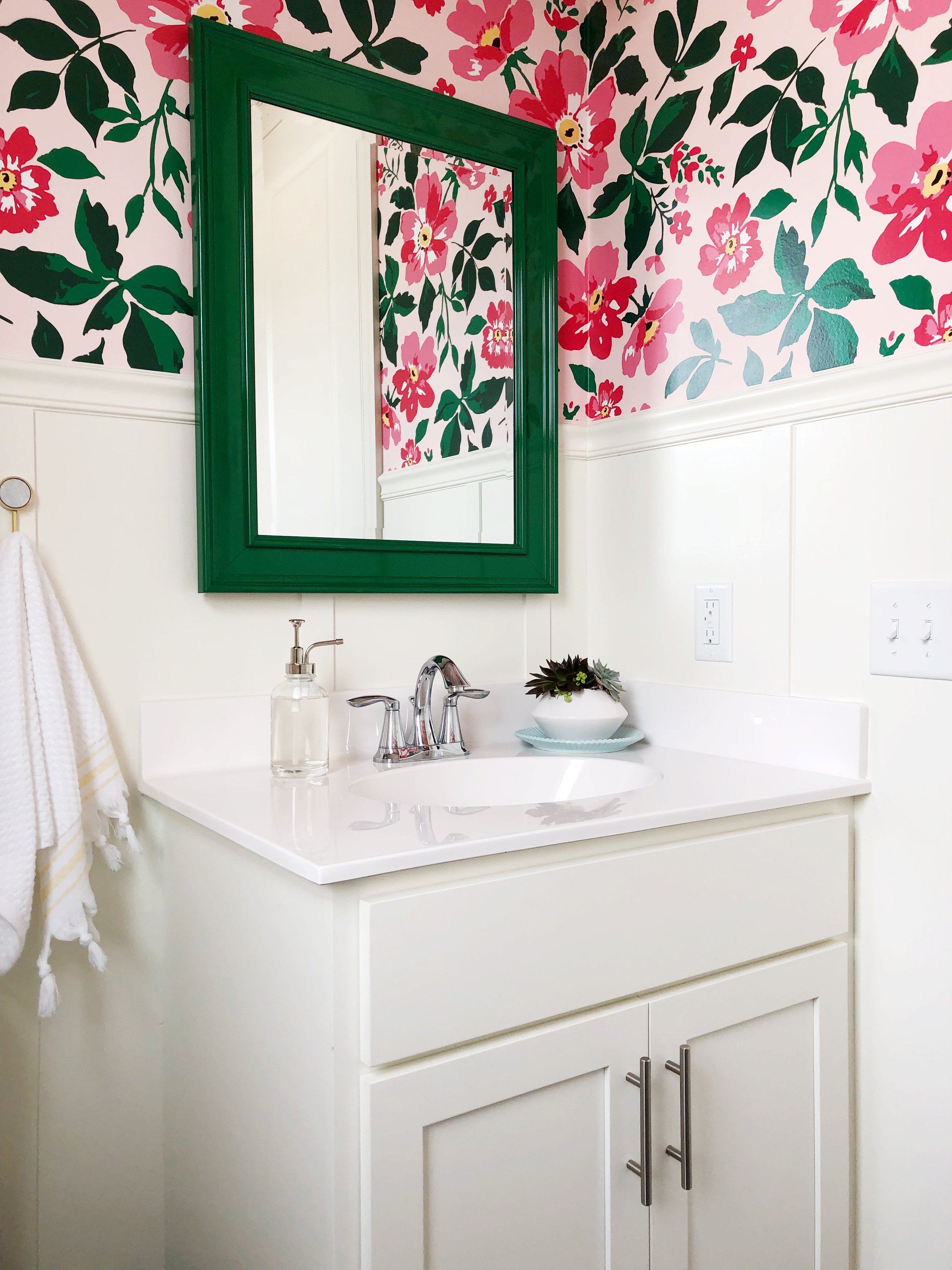 Wallpaper Bathroom with Spoonflower custom wallpaper. Board and Batten Powder Room.
