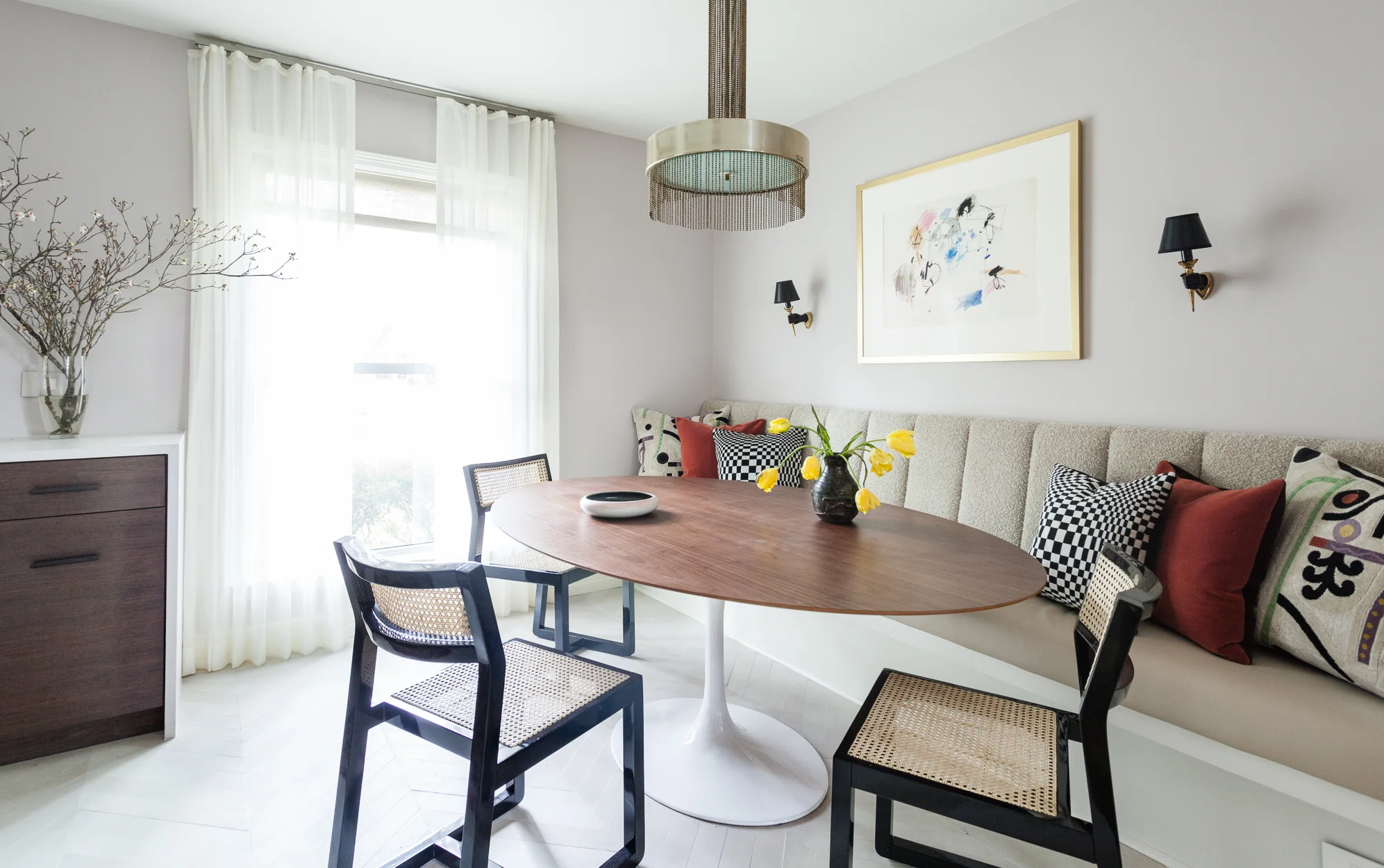 kitchen makeover, one room challenge, ripplefold drapes, chevron floors, farrow and ball peignoir, fabricut. walnut counters, caesarstone, pierre cardin, brass chandelier, saarinen table, walnut table