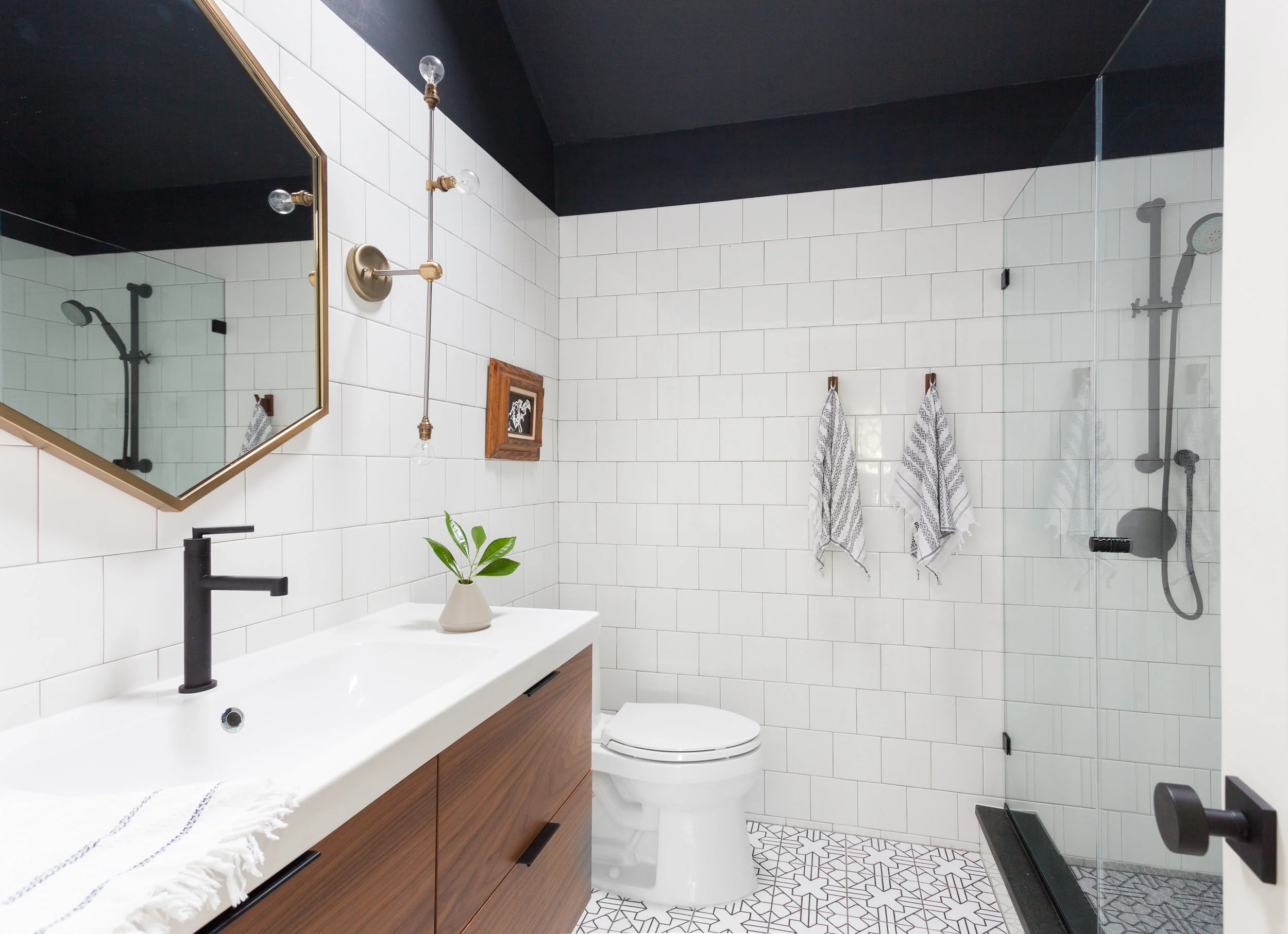 ERIN WILLIAMSON | OKENA BLACK WHITE WOOD BATHROOM REMODEL WALNUT VANITY FIRECLAY TILE