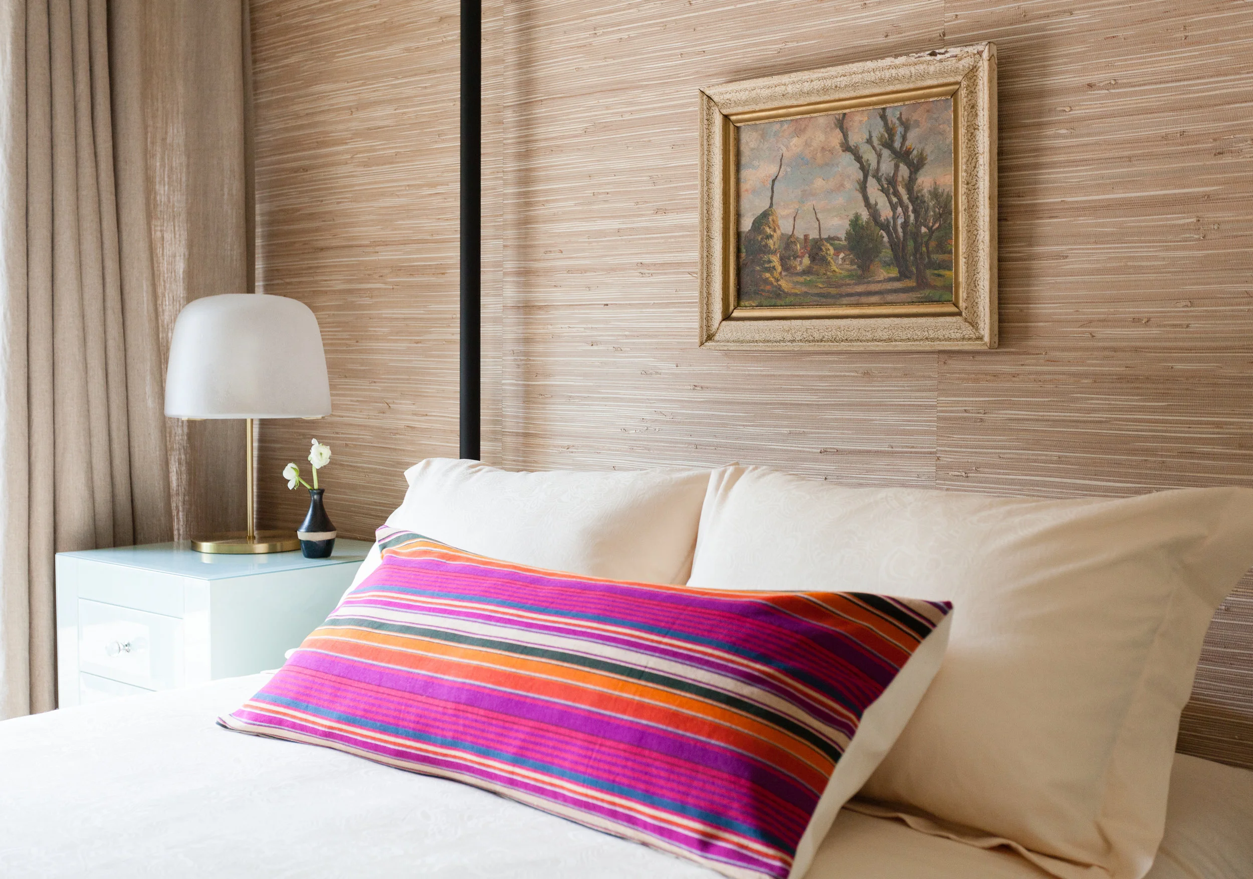 ERIN WILLIAMSON | OKENA CB2 PILLOW VINTAGE ART GRASSCLOTH BEDROOM