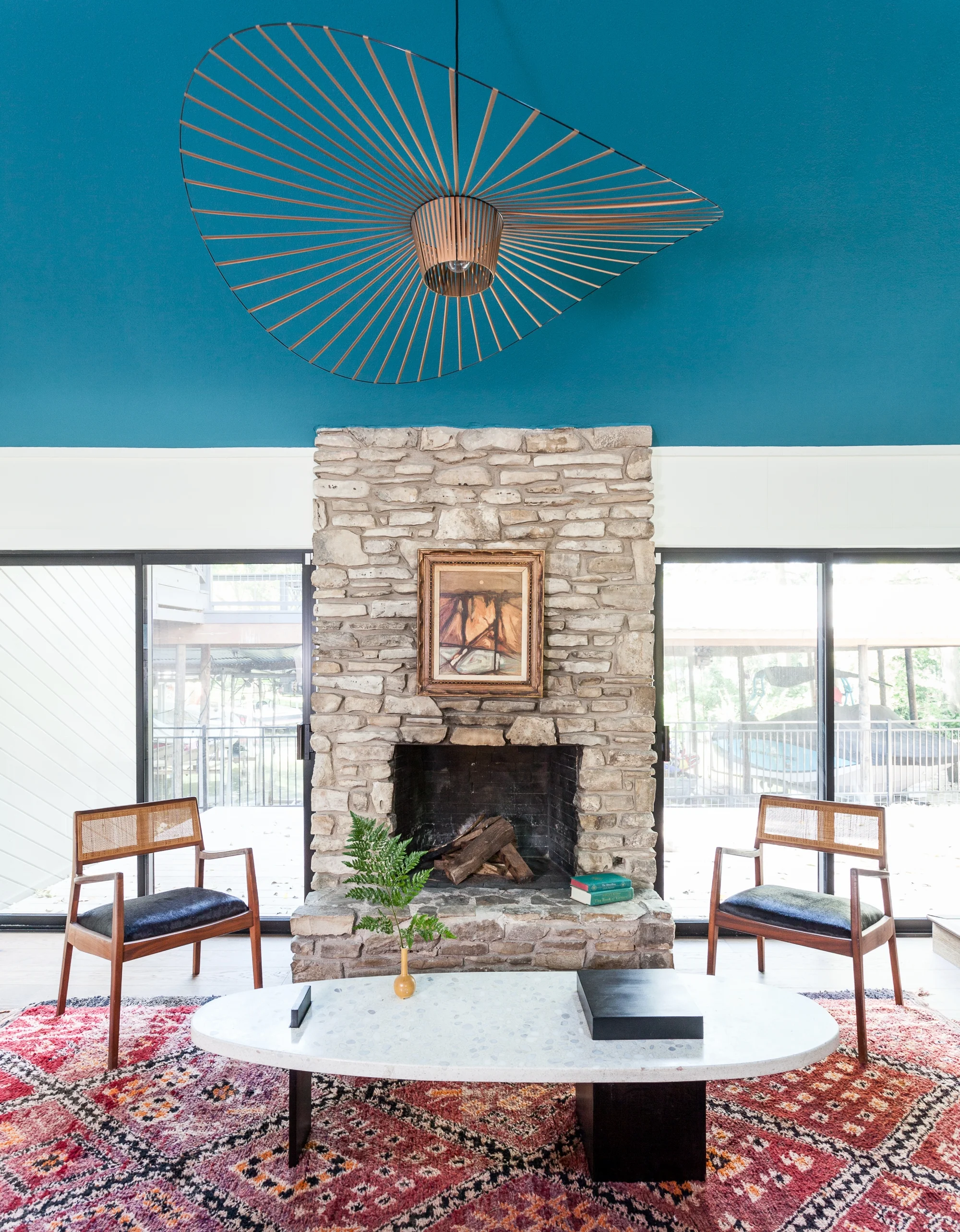 ERIN WILLIAMSON | OKENA PAINTED CEILING LARGO TEAL VERTIGO CHANDELIER MOROCCAN RUG TERRAZZO TABLE VINTAGE STYLE