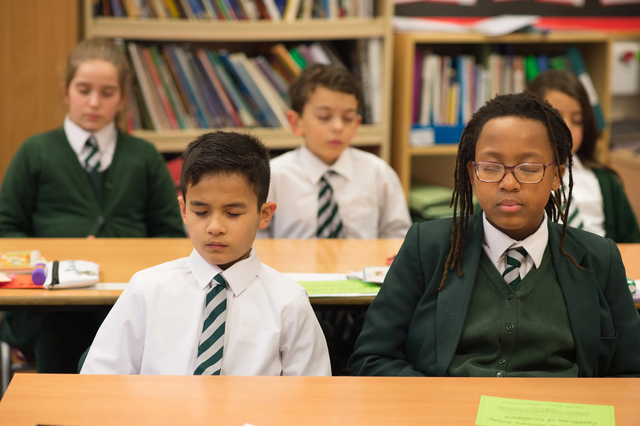 Year 6 experiencing mindfulness in the Peace Button workshop