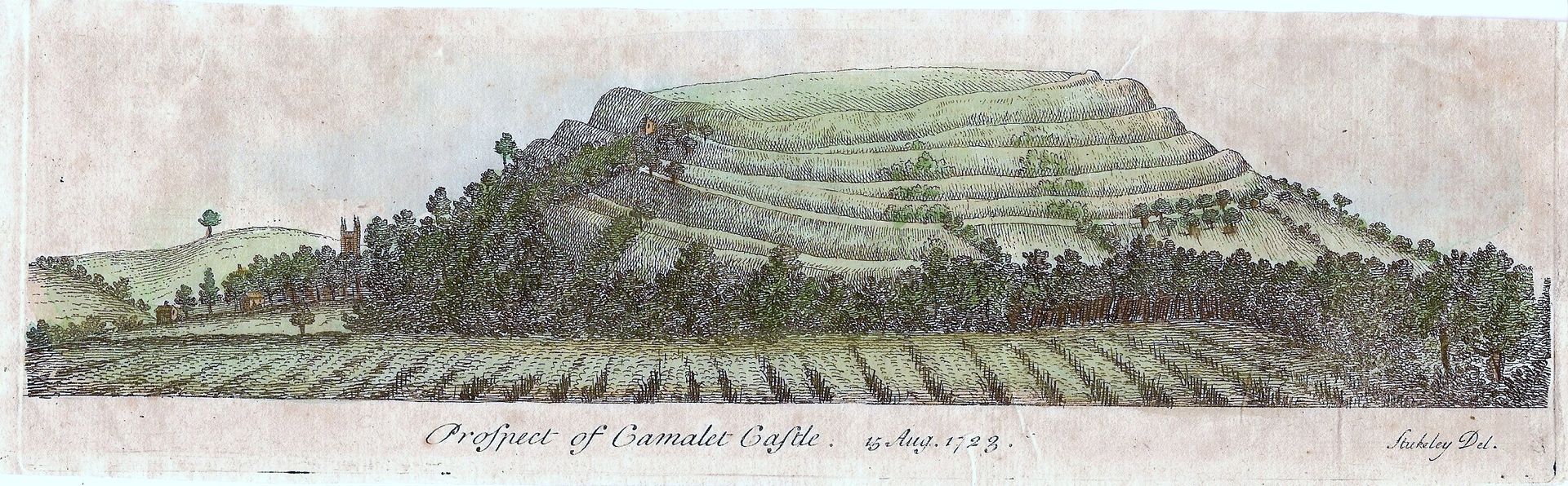 Engraving of Cadbury Castle, drawn in 1723 by William Stukeley and captioned "Prospect of Camalet Castle"