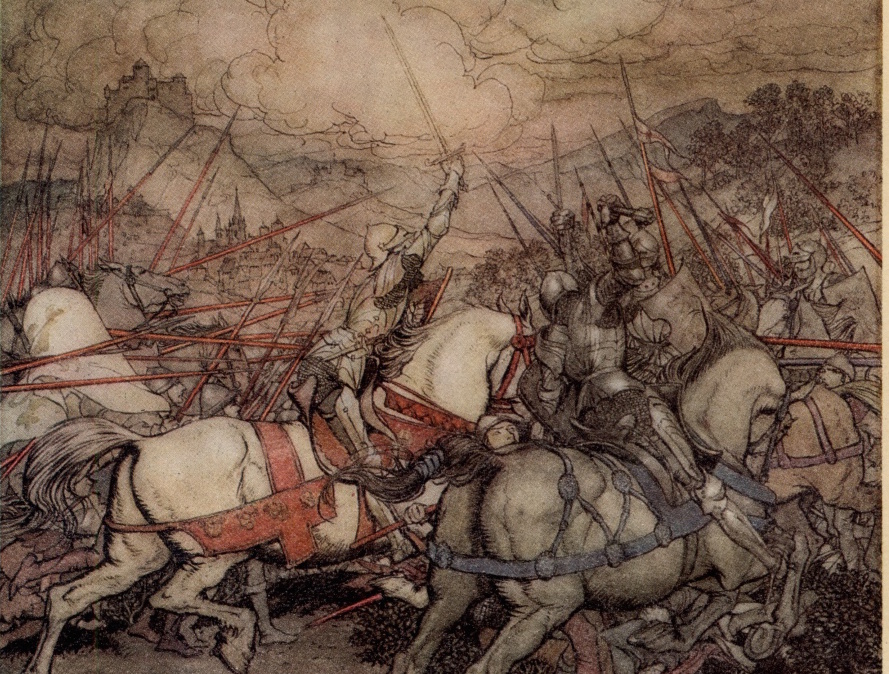 'How Arthur drew his sword Excalibur for the first time' by Arthur Rackham from The Romance of King Arthur and His Knights of the Round Table, Abridged from Malory's Morte D'Arthur 1917