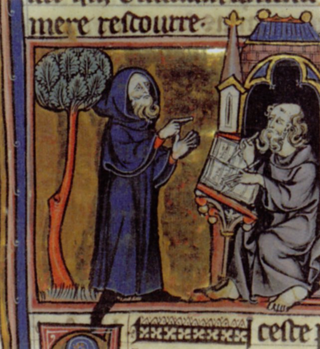 Merlin dictating prophecies to his scribe. French 13th century from Robert de Boron's Merlin en prose (c.1200)