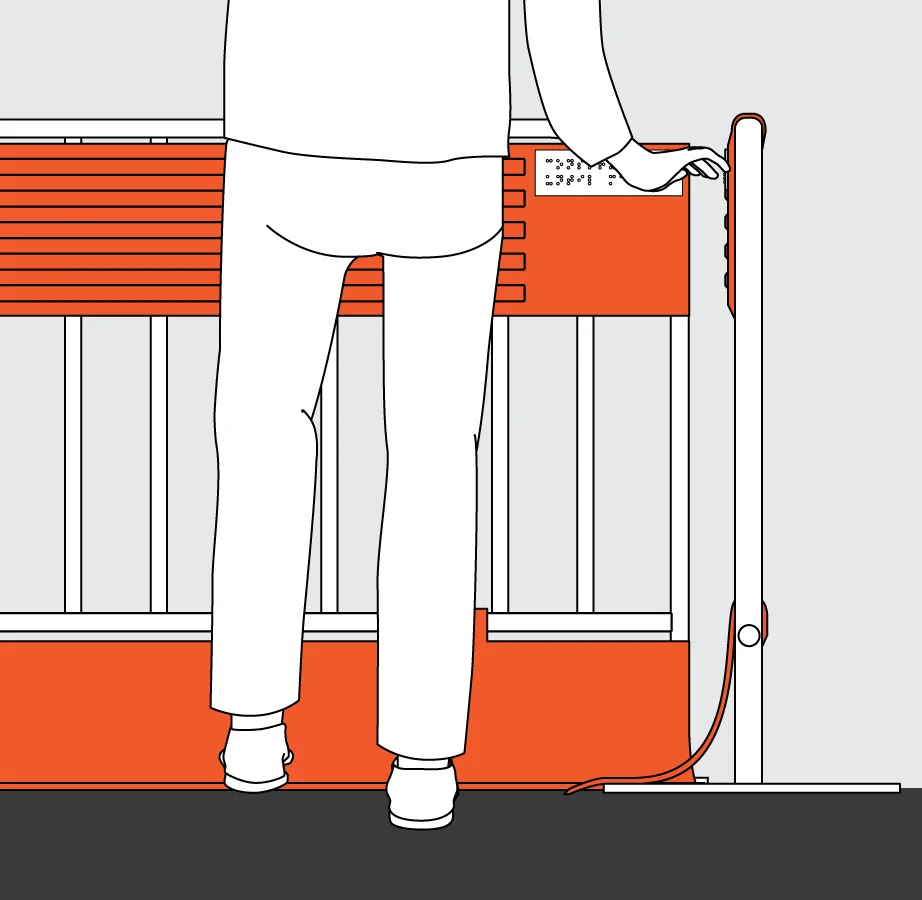 A pedestrian is touching braille on a top guiding edge, which is attached to a construction barrier. The braille writing describes the duration of the construction.