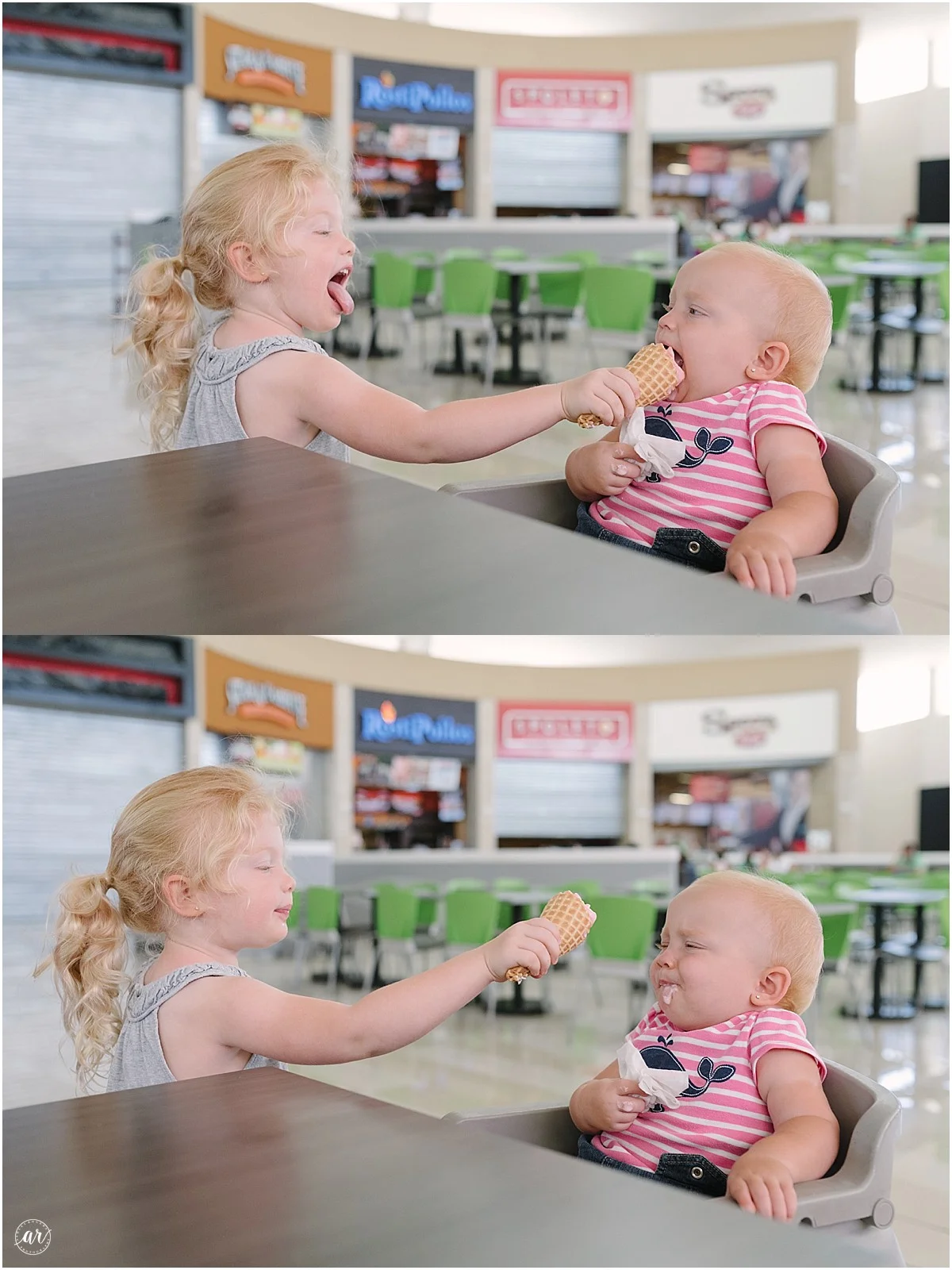 I'm eatin ice cream! Ice cream, now! Maybe I can ask daddy if he can get me a yummy snack of ice cream. Daddy, can I have a yummy snack? We don't have an ice cream cones though, we only have strawberry ice cream. 