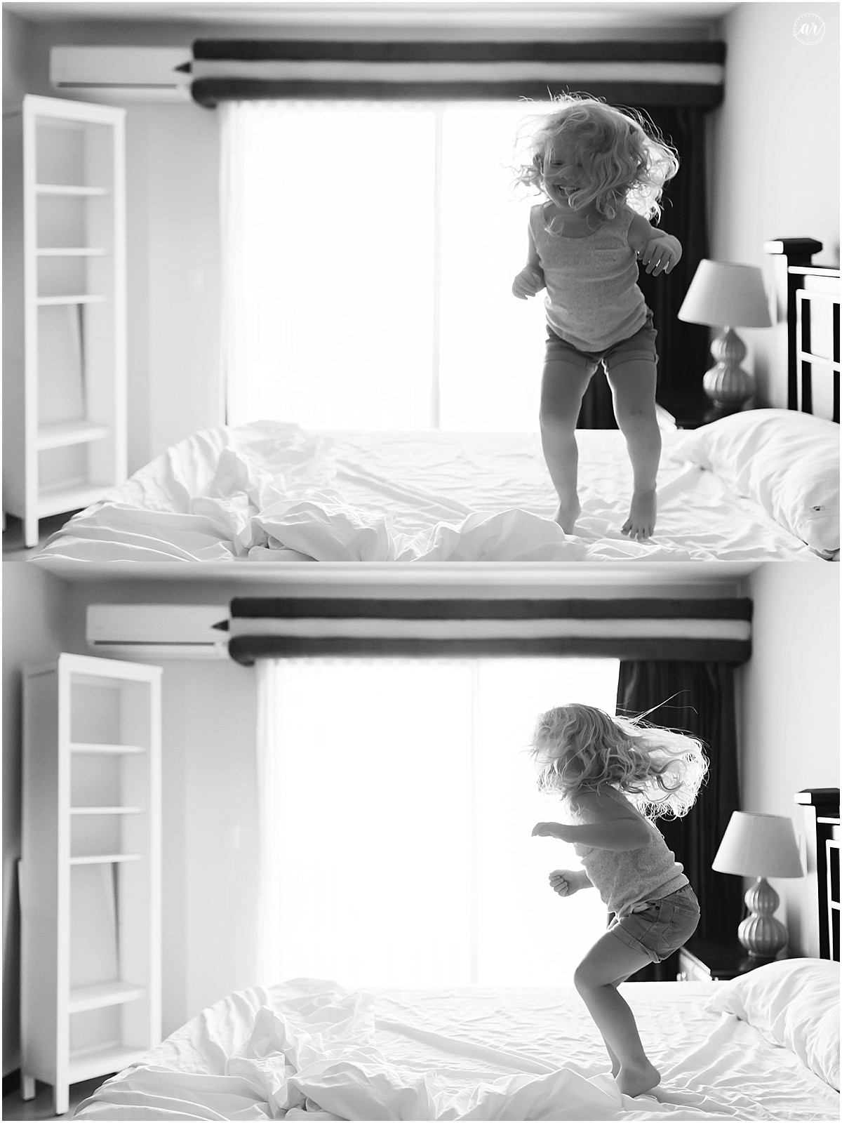 That's me jumping on the bed! Like this!!!! Heheheh. Like this, that's me jumping on the bed, like this. Jump a jump a jump a jump... (She is now jumping on my bed!)