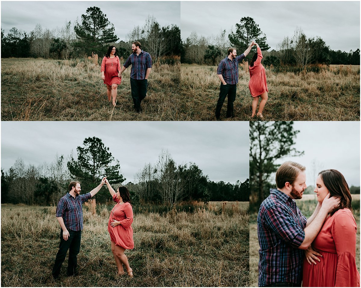 Soon-to-be parents dancing in a field during maternity photography | Orlando newborn photographer